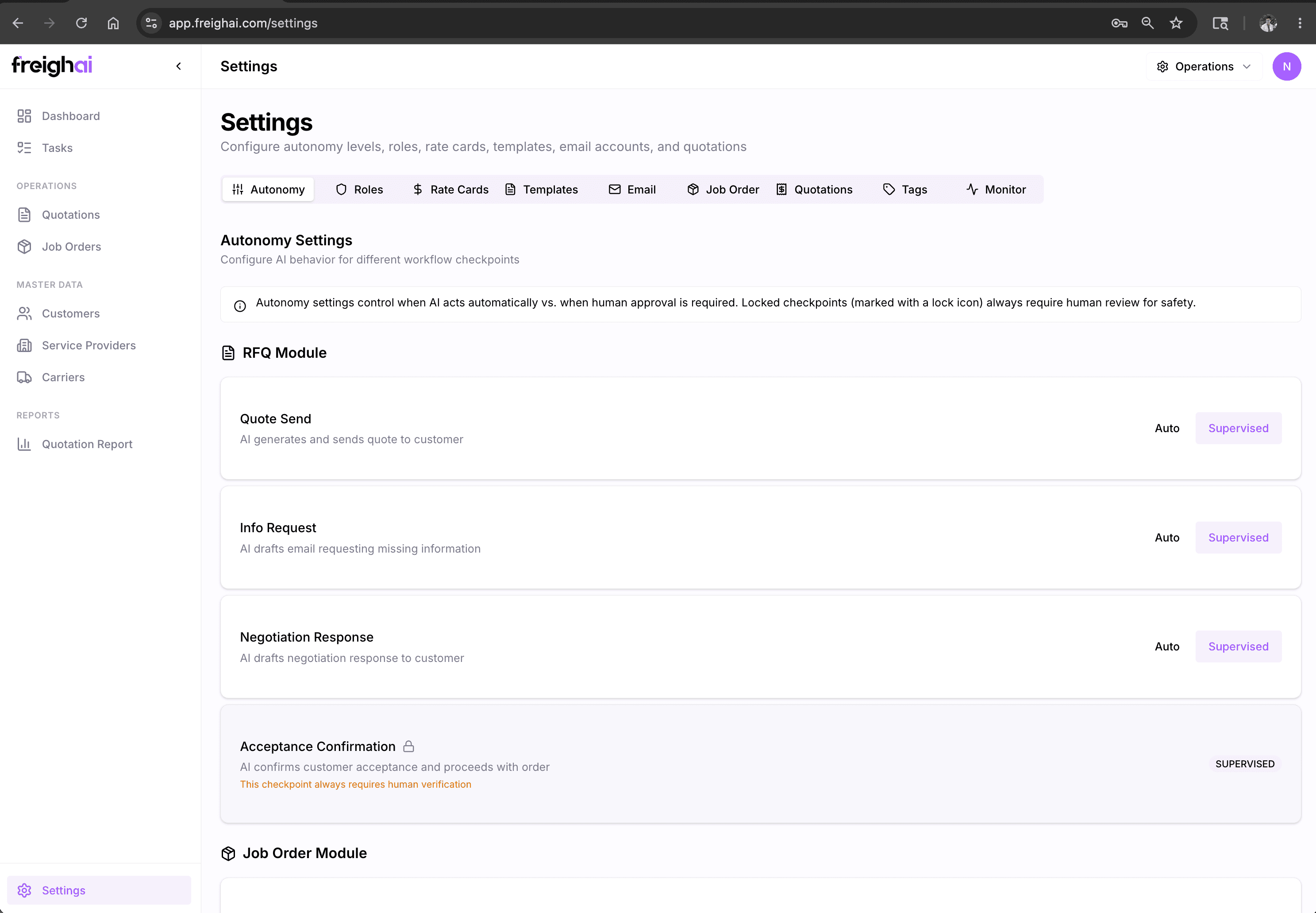 FreighAI Settings — Autonomy controls per task type