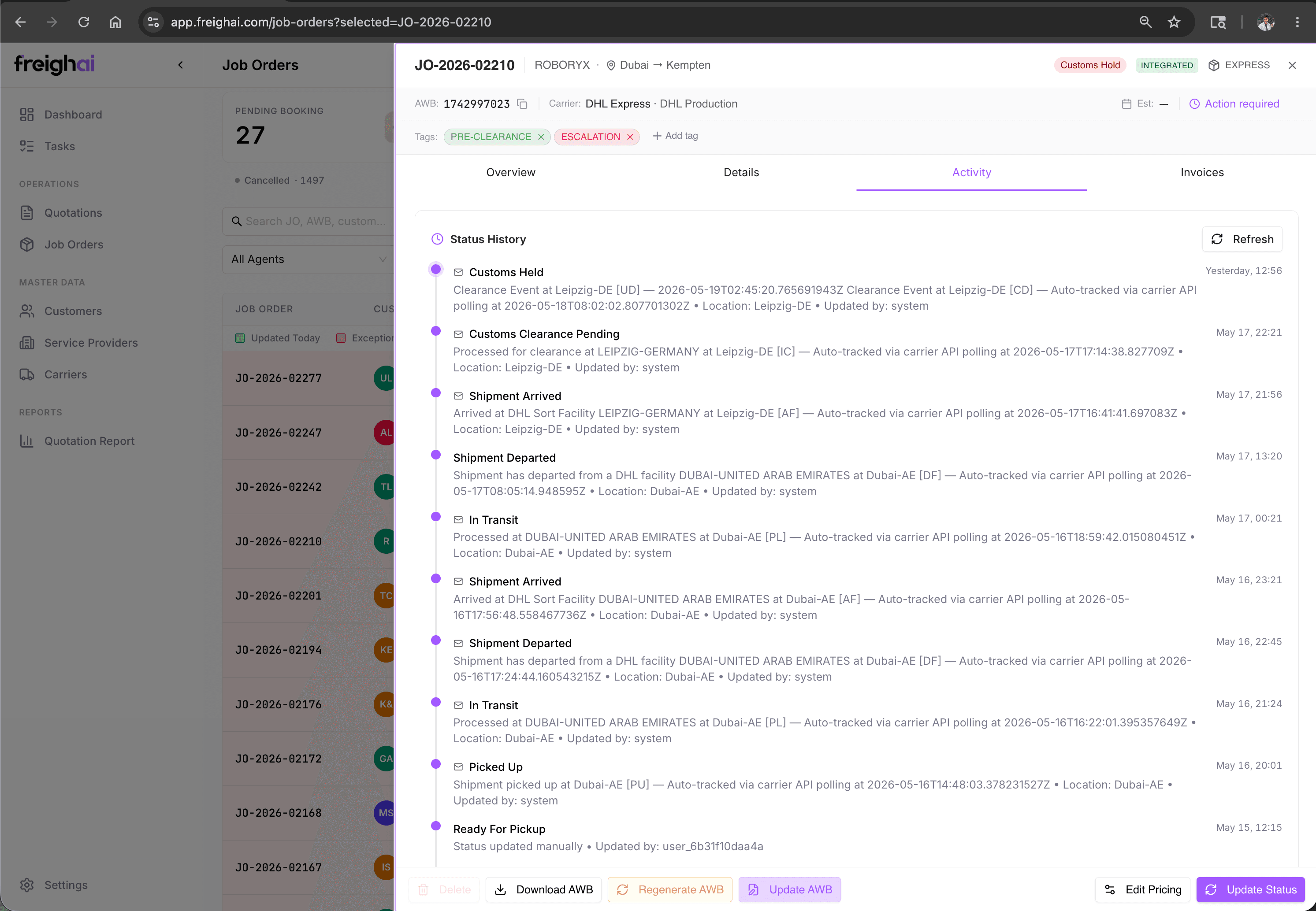 FreighAI Job Order — exception detail with classification + next step