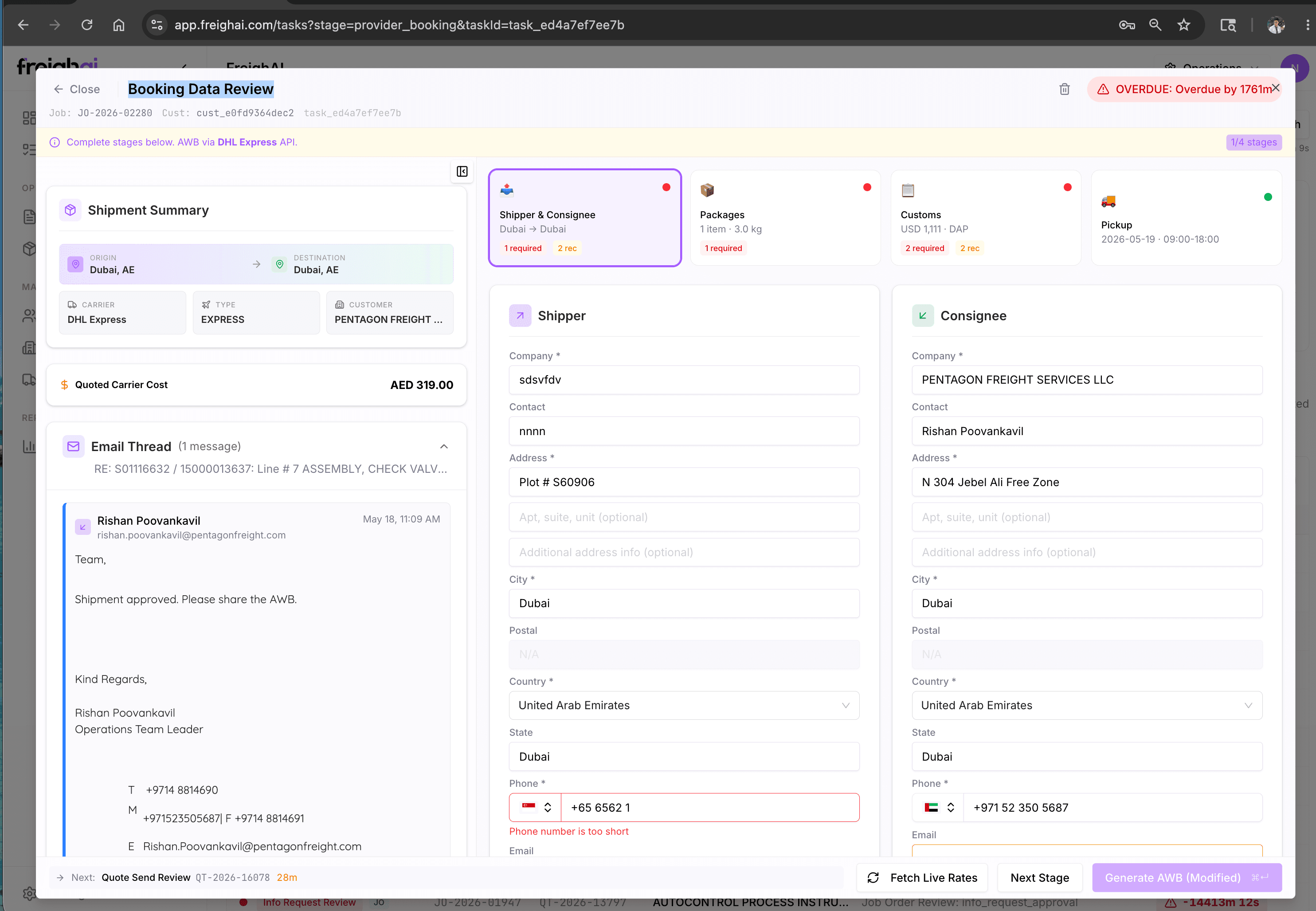 FreighAI Partner Booking Data Review — aggregated partner response comparison