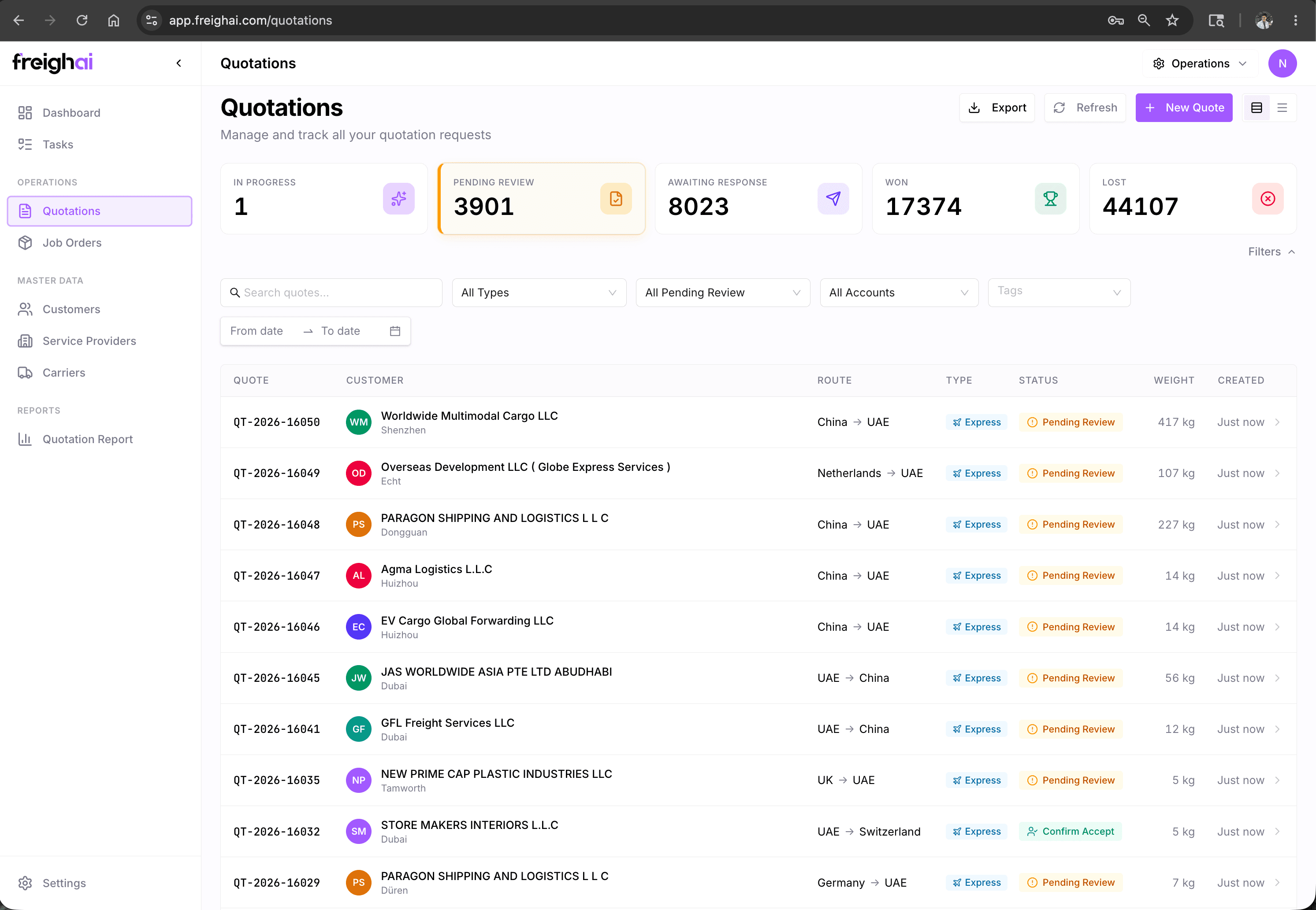 FreighAI Quotation pipeline — list view with status, customer, lane, value