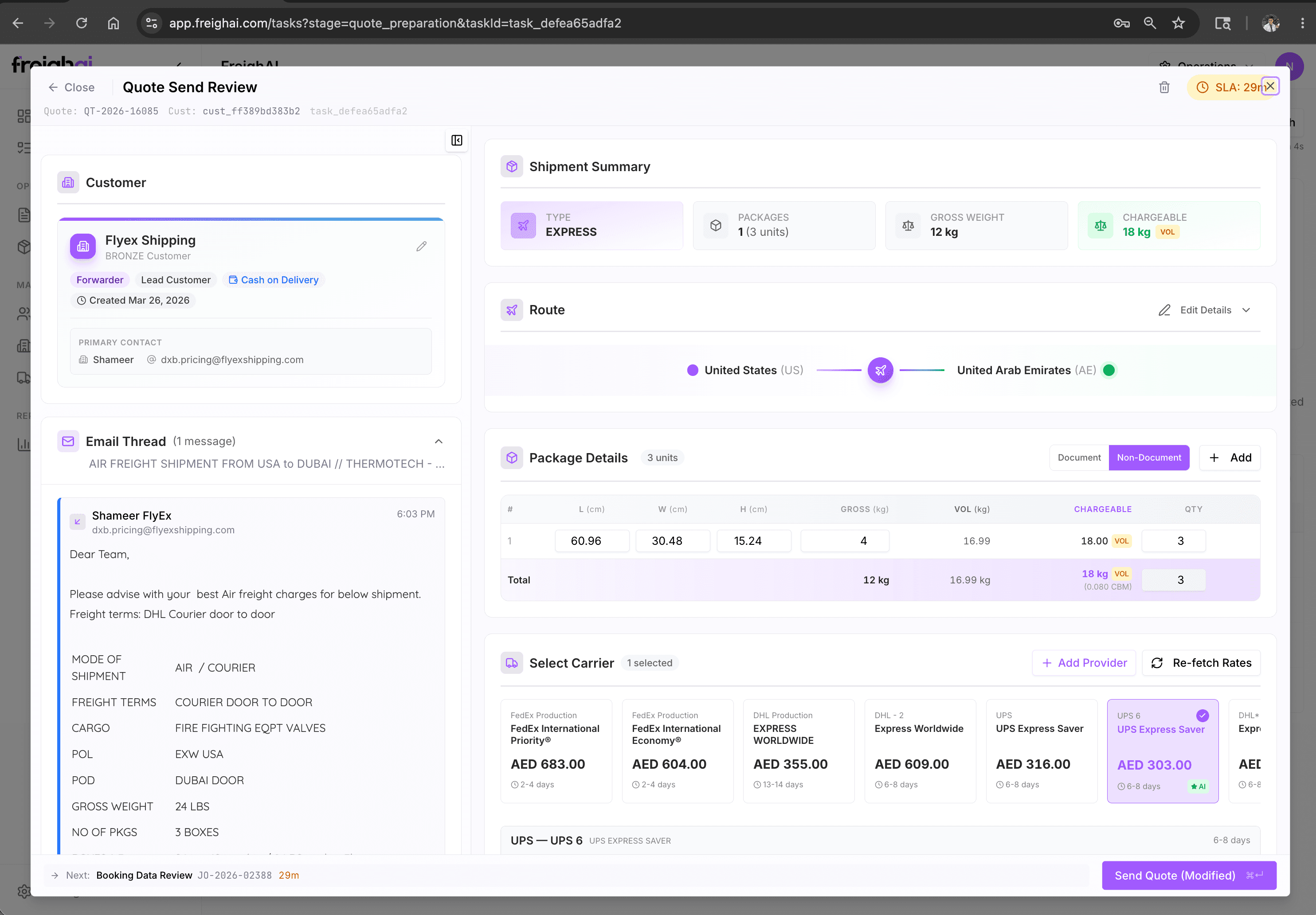 FreighAI Quote Send Review — agent-prepared task with live carrier rates and AI Pick